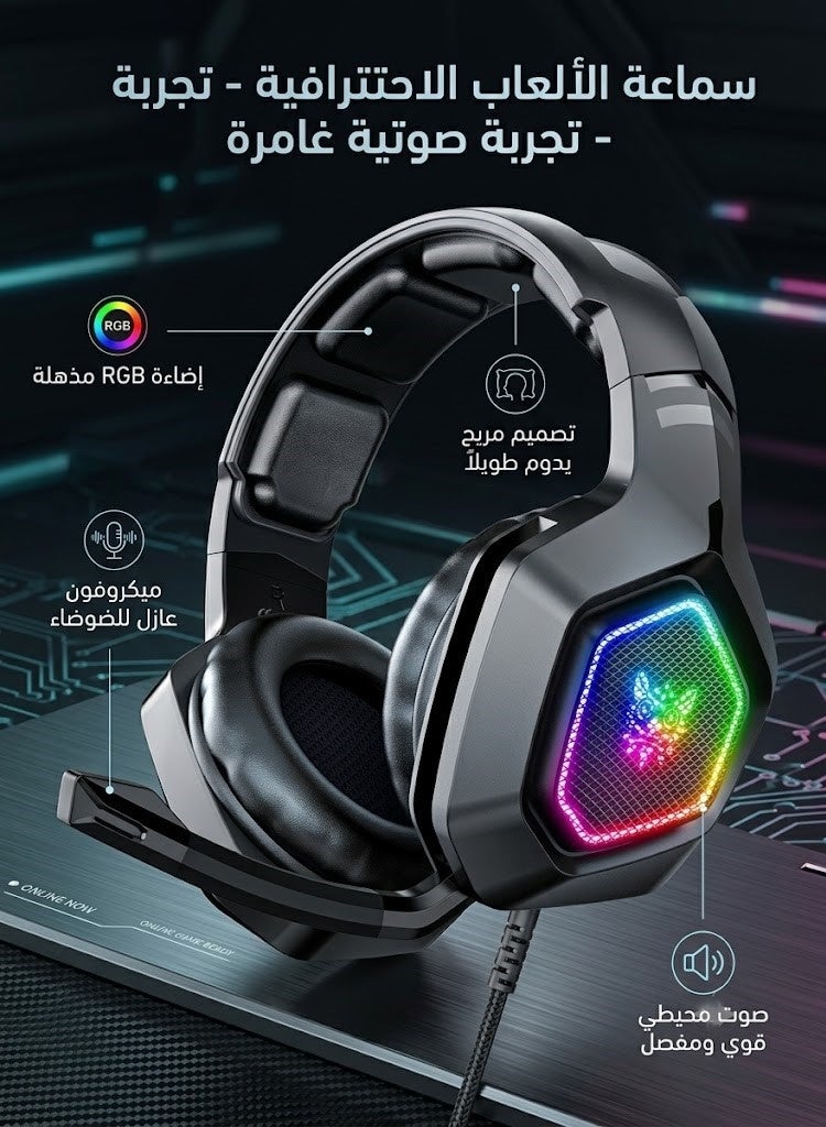 Onikuma K10 Gaming Headset with Professional Surround Sound, Noise Cancellation, Microphone, and RGB LED Lighting - Image 1