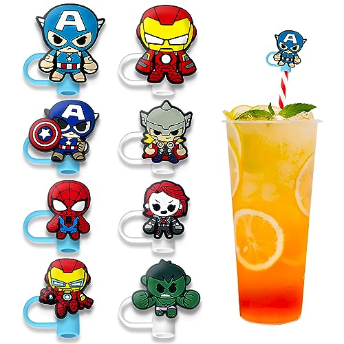 Garetheora 8Pcs Straw Covers Cap for Tumblers Cute Cartoon Straw Topper Silicone Straw Tip Covers for Drinking Straws 8Pcs Hero 8mm 7L