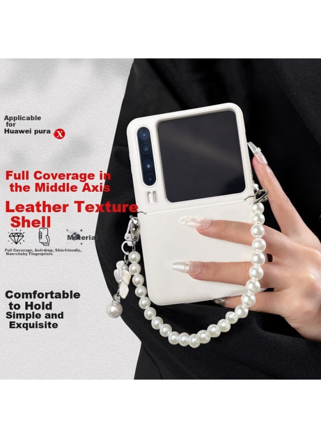 Purecolor Phone Case For Huawei Purax Foldable Screen Classic Edition, Full Protection Anti-drop Hinge, Axle Protection, Simple Luxury High-end Leather Texture Pearl Handheld + Bow Tie