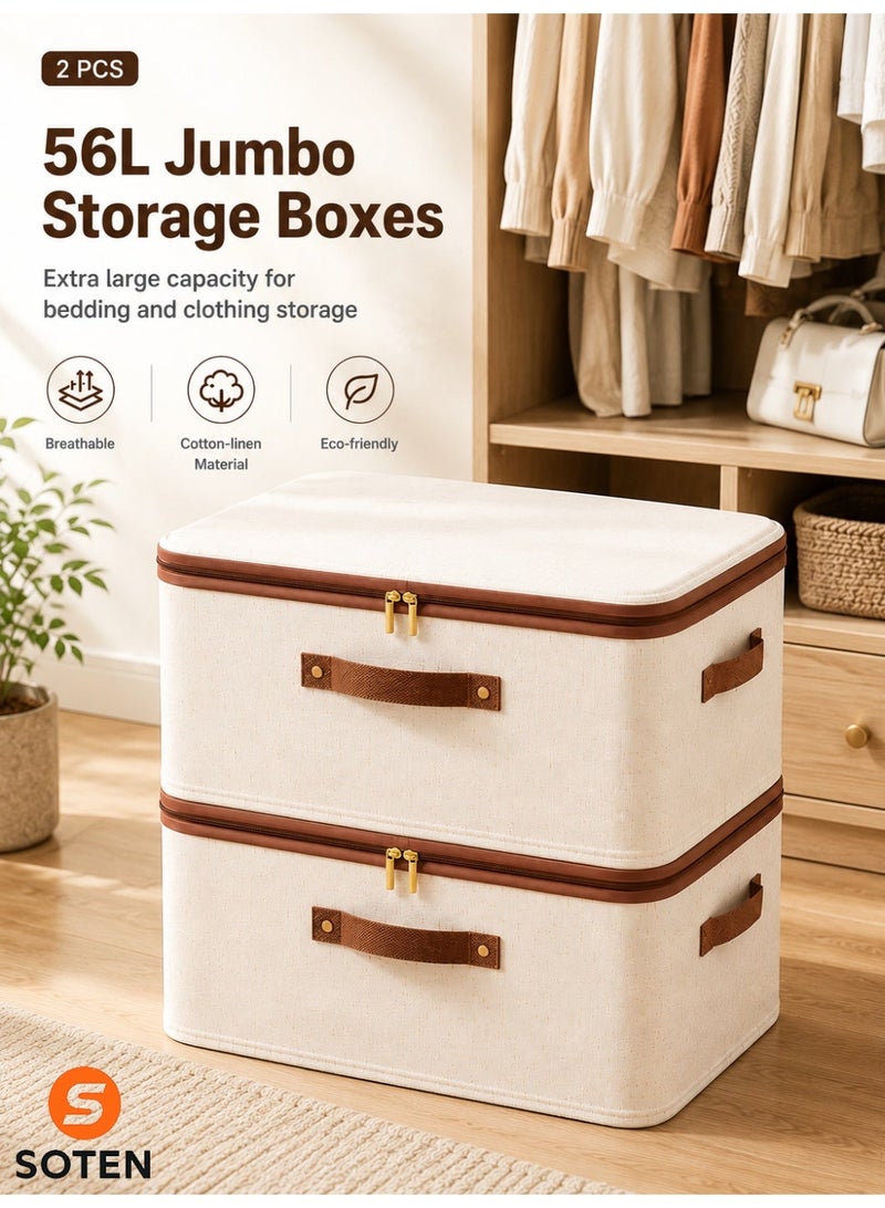 SOTEN 2 Pcs Jumbo Clothes Organizers Storage Box with Lids, Foldable Storage Boxes with Handles, Washable Fabric Storage Bins with Zippers, Extra Large Closet Organizer Wardrobe Organizer for Bedding & Seasonal Clothes, Space-Saving Storage Basket - Image 1