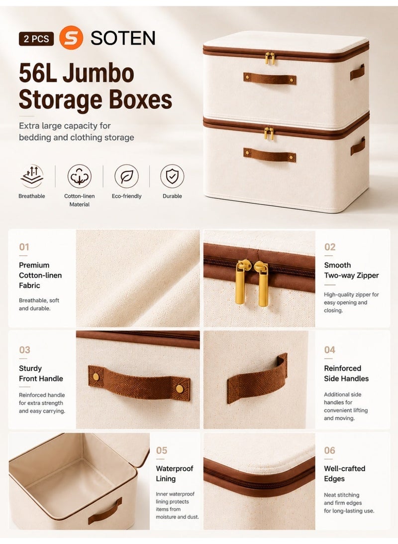 SOTEN 2 Pcs Jumbo Clothes Organizers Storage Box with Lids, Foldable Storage Boxes with Handles, Washable Fabric Storage Bins with Zippers, Extra Large Closet Organizer Wardrobe Organizer for Bedding & Seasonal Clothes, Space-Saving Storage Basket - Image 5