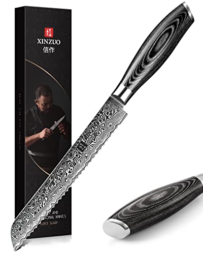 XINZUO Bread Knife 8 Inch,Professional Damascus Serrated Knife for Homemade Bread,Razor Sharp,Wide Wavy Edge for Bread, Bagels,Pizza and Cake, Gift Box Package - Image 1