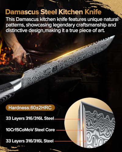 XINZUO Bread Knife 8 Inch,Professional Damascus Serrated Knife for Homemade Bread,Razor Sharp,Wide Wavy Edge for Bread, Bagels,Pizza and Cake, Gift Box Package - Image 2
