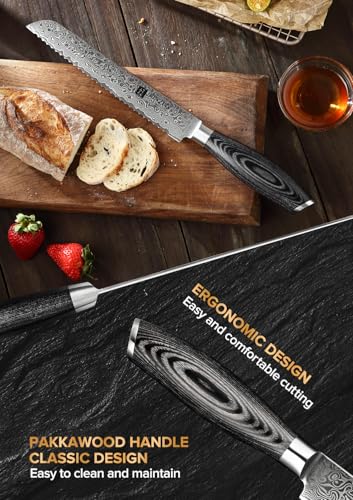 XINZUO Bread Knife 8 Inch,Professional Damascus Serrated Knife for Homemade Bread,Razor Sharp,Wide Wavy Edge for Bread, Bagels,Pizza and Cake, Gift Box Package - Image 4
