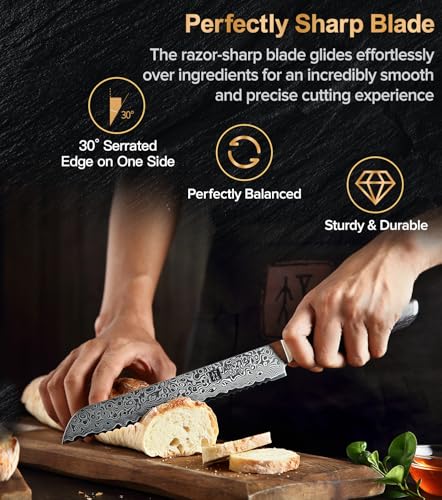 XINZUO Bread Knife 8 Inch,Professional Damascus Serrated Knife for Homemade Bread,Razor Sharp,Wide Wavy Edge for Bread, Bagels,Pizza and Cake, Gift Box Package - Image 3