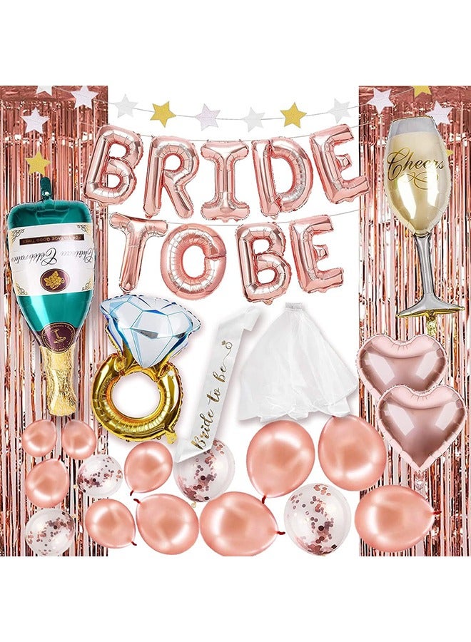 Bachelorette Party Decorations ,Rose Gold Bridal Shower Party Decoration Kit,Bride to be Foil Balloons Set,Sash,Ring,Rose Gold Fringe Curtains,Bridal Veil, Latex Balloons Set  - Image 1