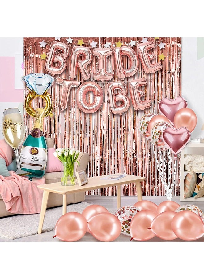 Bachelorette Party Decorations ,Rose Gold Bridal Shower Party Decoration Kit,Bride to be Foil Balloons Set,Sash,Ring,Rose Gold Fringe Curtains,Bridal Veil, Latex Balloons Set  - Image 2