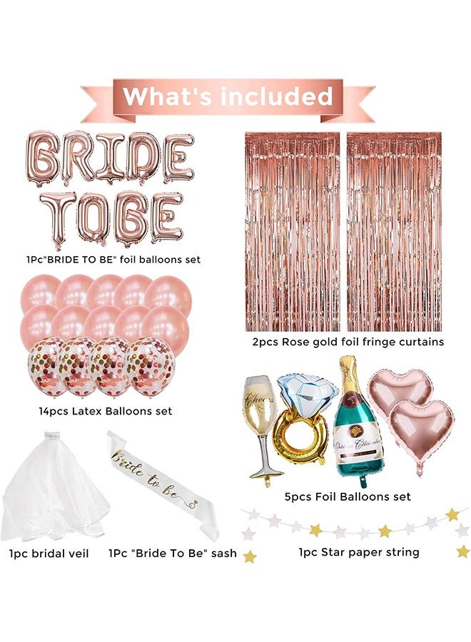 Bachelorette Party Decorations ,Rose Gold Bridal Shower Party Decoration Kit,Bride to be Foil Balloons Set,Sash,Ring,Rose Gold Fringe Curtains,Bridal Veil, Latex Balloons Set  - Image 3