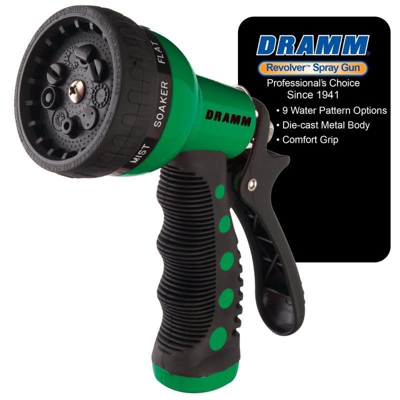Dramm Revolver Heavy Duty Metal Garden Hose Nozzle â€“ 9 Spray Patterns, High Pressure Jet, Thumb-Control Flow, Ergonomic Grip â€“ Green - Image 1
