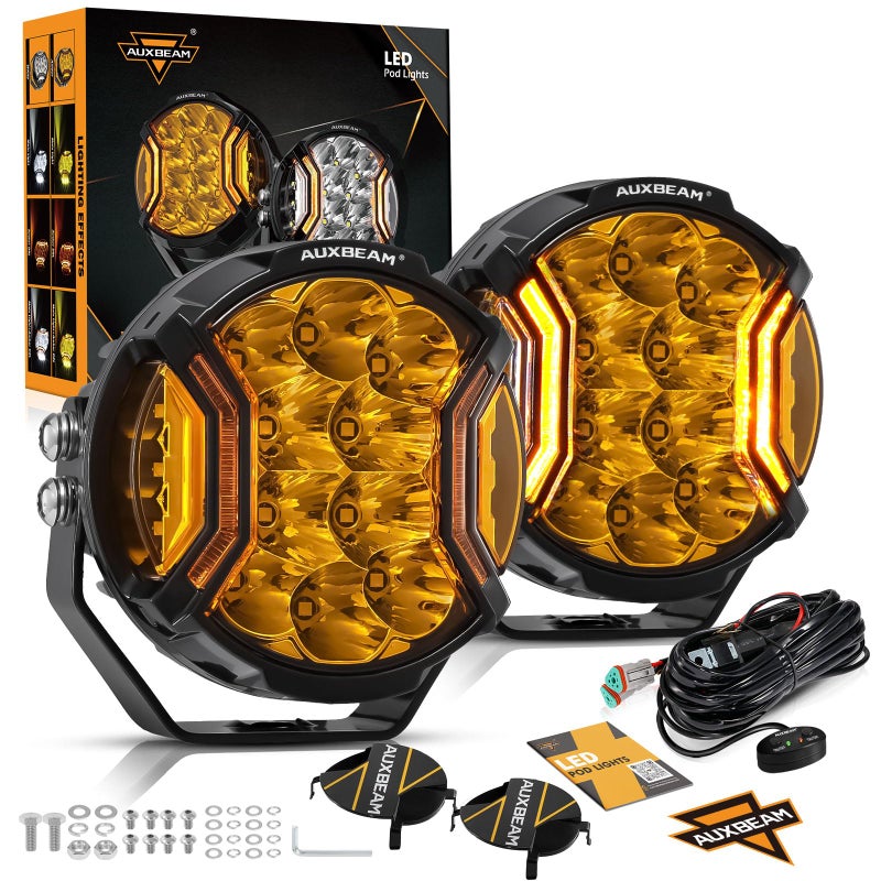 أضواء LED دائرية من سلسلة Auxbeam VUltra بحجم 5 إنش 172 واط للقيادة على الطرق الوعرة مع إضاءة جانبية وDRL برتقالي 270 درجة نطاق واسع 20400 لومن شعاع ضوء أصفر برتقالي مع غطاء أسود