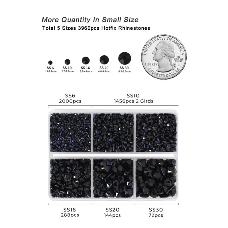 BEADSLAND Hotfix Rhinestones 3960pcs, Black Rhinestone for Clothes, Hot Fix Crystals Rhinestones with Tweezers and Wax Pencil Kit,Mixed 5 Sizes, SS6-SS30, Jet Black - Image 4