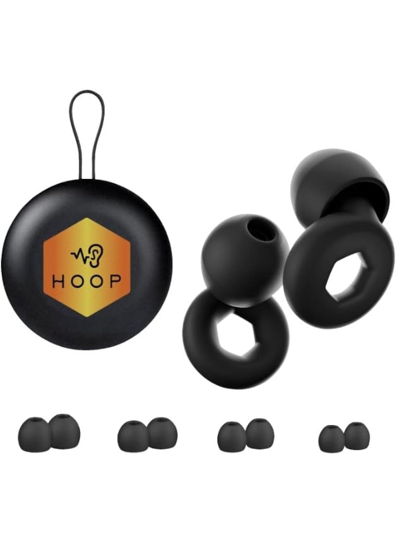 Hoop - Ear Plugs for Quiet Noise Reduction - Reusable Earplug Hearing Protection - Soft Silicone for Sleep, Travel, Noise Sensitivity, Meditation - 8 Ear Tips in XS/S/M/L - Noise Canceling - Black - Image 1