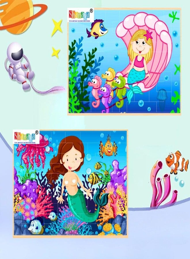SHANAYA 36 Pieces Wooden Jigsaw Tetris Puzzle Kids Cartoon Animal Vehicle Puzzles Games Baby Early Learning Educational Toys for Children 2 Sided Puzzle (Mermaid with Carriage + Mermaid with Fishes) - Image 1