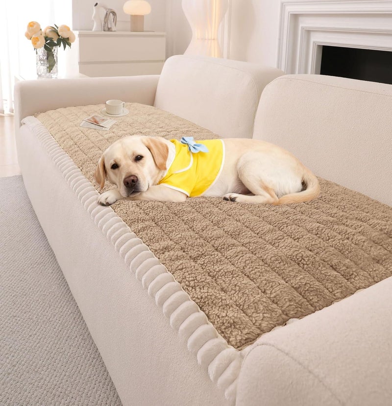 OTOB Sofa Covers for 3 Cushion Couch Washable, All Seasons Fuzzy Non Slip Kids & Pet Friendly Dog Bed Mats Couch Cover, Soft Plush Sofa Slipcovers Furniture Protector (Khaki, 27.6" x 70.9'') - Image 1