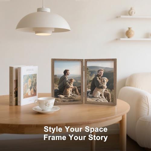 FOREV 4x6 Double Picture Frame Wooden Hinged Photo Frame Definition Glass Stand Vertically on Desktop or Tabletop - Image 5