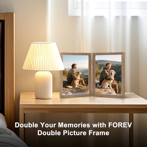 FOREV 4x6 Double Picture Frame Wooden Hinged Photo Frame Definition Glass Stand Vertically on Desktop or Tabletop - Image 2