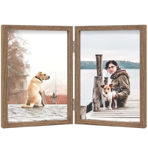 FOREV 4x6 Double Picture Frame Wooden Hinged Photo Frame Definition Glass Stand Vertically on Desktop or Tabletop - Image 1