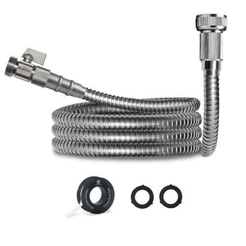 Morvat 3ft Stainless Steel Garden Hose Metal with Brass ON/OFF Valve, Heavy Duty for Nozzle, Water, Yard & Outdoor, Lightweight No-Kink, Crush & Puncture Resistant, Roll of Teflon Tape & 3 Washers - Image 1