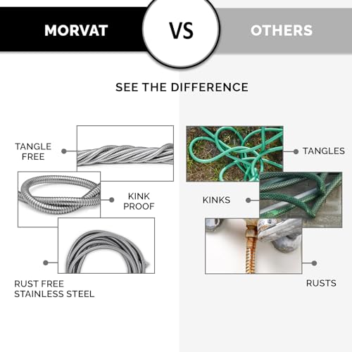 Morvat 3ft Stainless Steel Garden Hose Metal with Brass ON/OFF Valve, Heavy Duty for Nozzle, Water, Yard & Outdoor, Lightweight No-Kink, Crush & Puncture Resistant, Roll of Teflon Tape & 3 Washers - Image 4