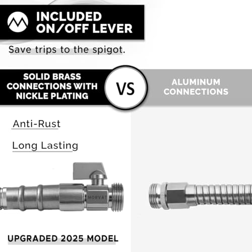 Morvat 3ft Stainless Steel Garden Hose Metal with Brass ON/OFF Valve, Heavy Duty for Nozzle, Water, Yard & Outdoor, Lightweight No-Kink, Crush & Puncture Resistant, Roll of Teflon Tape & 3 Washers - Image 2