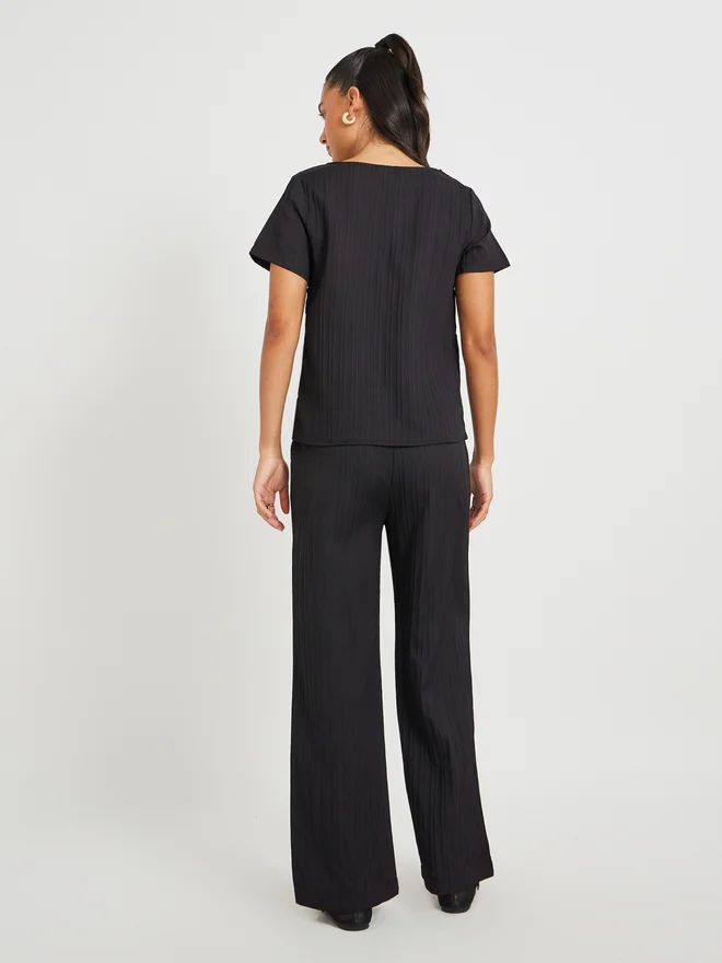 Take Two Take Two Solid Textured Round Neck Top and Pants Co-Ords