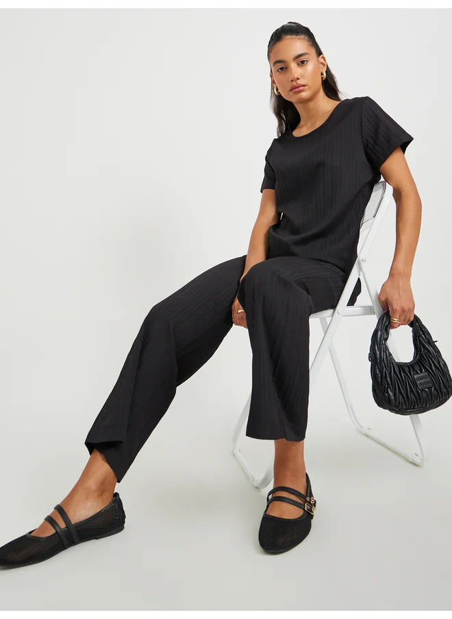 تايك تو Take Two Solid Textured Round Neck Top and Pants Co-Ords