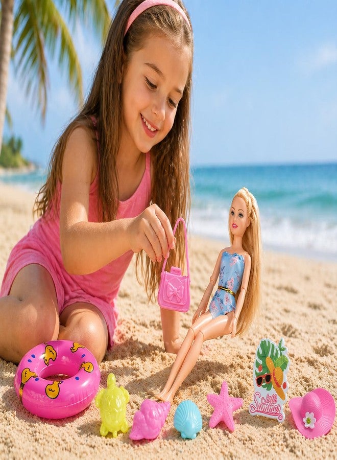 SUPER TOY Summer Beach Fashion Doll for Girls with Long Hair, Movable Joints Stylish Doll Playset with Floating Swim Tube & Accessories for Kids - Image 3