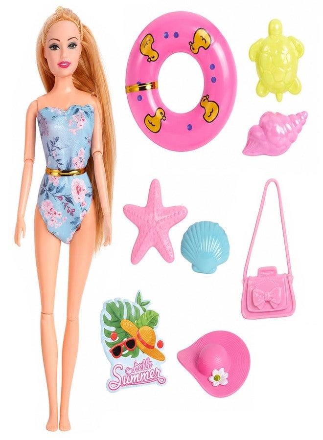 SUPER TOY Summer Beach Fashion Doll for Girls with Long Hair, Movable Joints Stylish Doll Playset with Floating Swim Tube & Accessories for Kids - Image 1