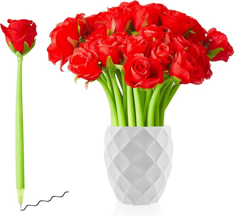Excefore Flower Pens Gifts Artificial Rose Pens, 12 Pcs Creative Black Ink Pens Bulk Wedding Birthday Party Favors Office School, Decoration Supplies For Women Girls Kids Teacher Nurse - Image 1