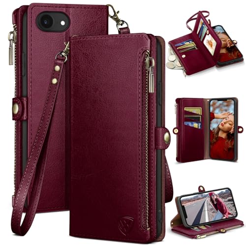 XcaseBar compatible with ‌iPhone 16e 6.1"/17e 6.1" Wallet case with Zipper Credit Card Holder【RFID Blocking】,Flip Folio Book PU Leather Phone case Shockproof Cover Women Men for Apple16e case Wine Red - Image 1
