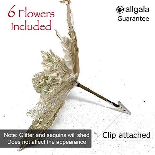 allgala XF93305 Glitter and Sequin Decorated Fabric Poinsettia Artificial Christmas Flower with Clips Pack of 6 Pink Fade - Image 3