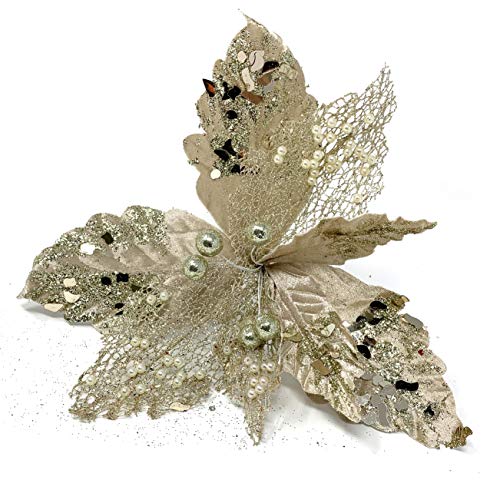 allgala XF93305 Glitter and Sequin Decorated Fabric Poinsettia Artificial Christmas Flower with Clips Pack of 6 Pink Fade - Image 1