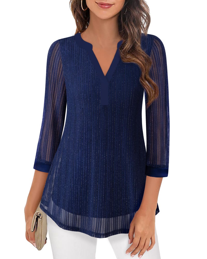 Timeson Womens Blouses and Tops Dressy,3/4 Sleeve Tops for Women Casual Elegant Professional Clothes for Work Business Casual Shirts Office Tunics Tops for Leggings Valentine Formal Outfits Blue XL - Image 2