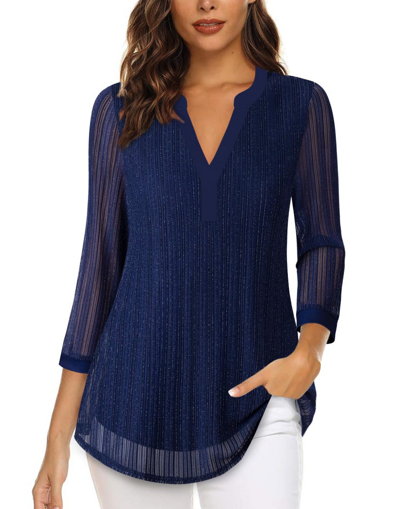 Timeson Womens Blouses and Tops Dressy,3/4 Sleeve Tops for Women Casual Elegant Professional Clothes for Work Business Casual Shirts Office Tunics Tops for Leggings Valentine Formal Outfits Blue XL - Image 1