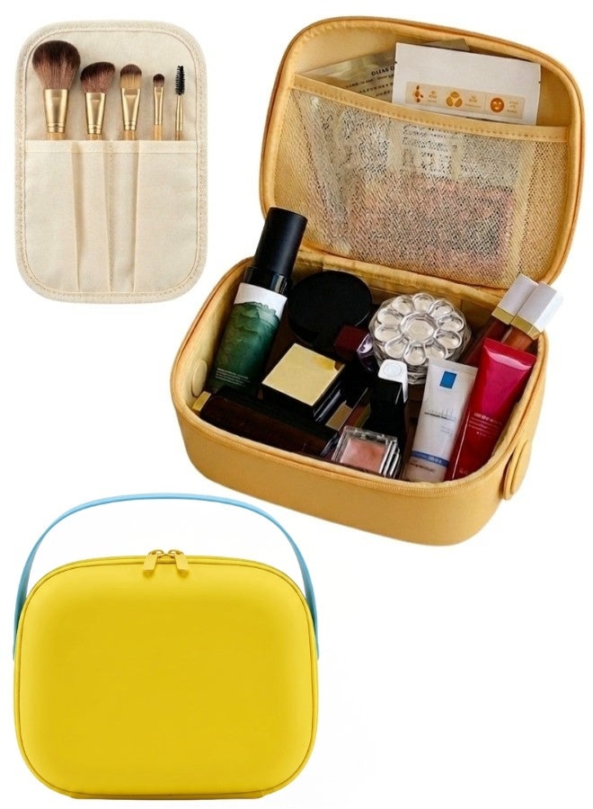 شنطة مكياج للسفر مقاومة للماء من EVA – منظم مستحضرات تجميل بسعة كبيرة بتصميم مزدوج الطبقات مع فتح 180 درجة، فواصل قابلة للإزالة ومكان مخصص للفرش، مقبض محمول قابل للدوران، سهلة التنظيف لتخزين المكياج والعناية بالبشرة والإكسسوارات - Image 1