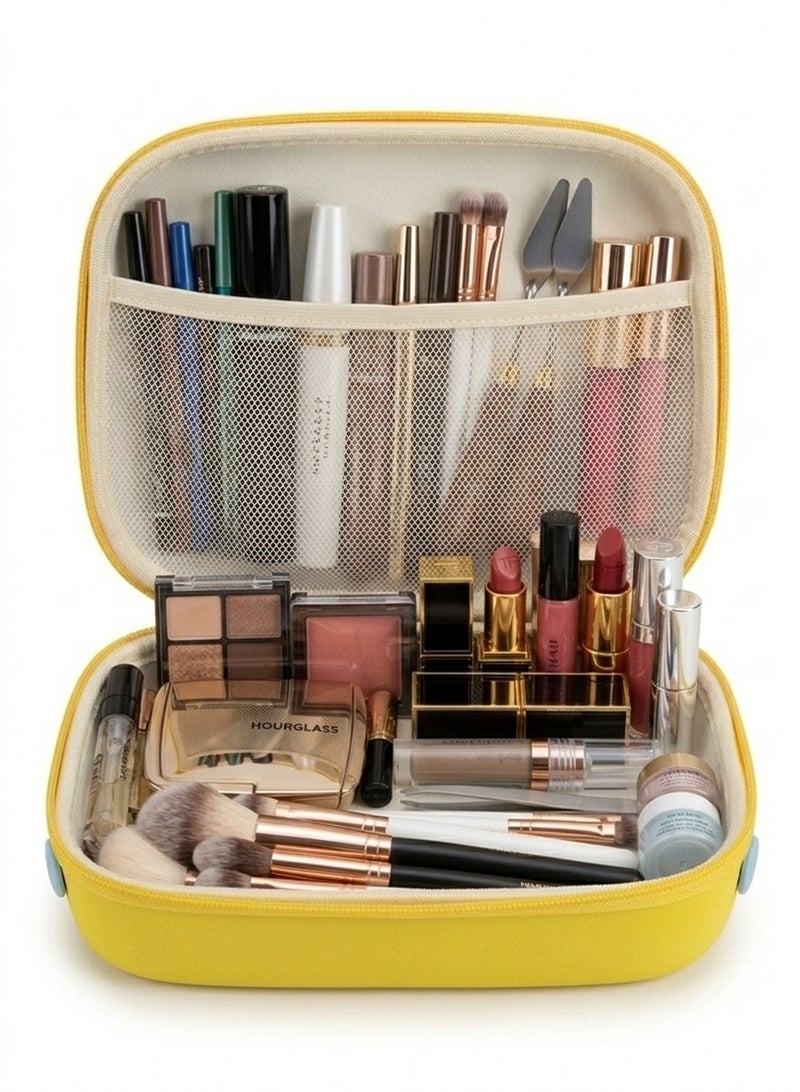 شنطة مكياج للسفر مقاومة للماء من EVA – منظم مستحضرات تجميل بسعة كبيرة بتصميم مزدوج الطبقات مع فتح 180 درجة، فواصل قابلة للإزالة ومكان مخصص للفرش، مقبض محمول قابل للدوران، سهلة التنظيف لتخزين المكياج والعناية بالبشرة والإكسسوارات - Image 5