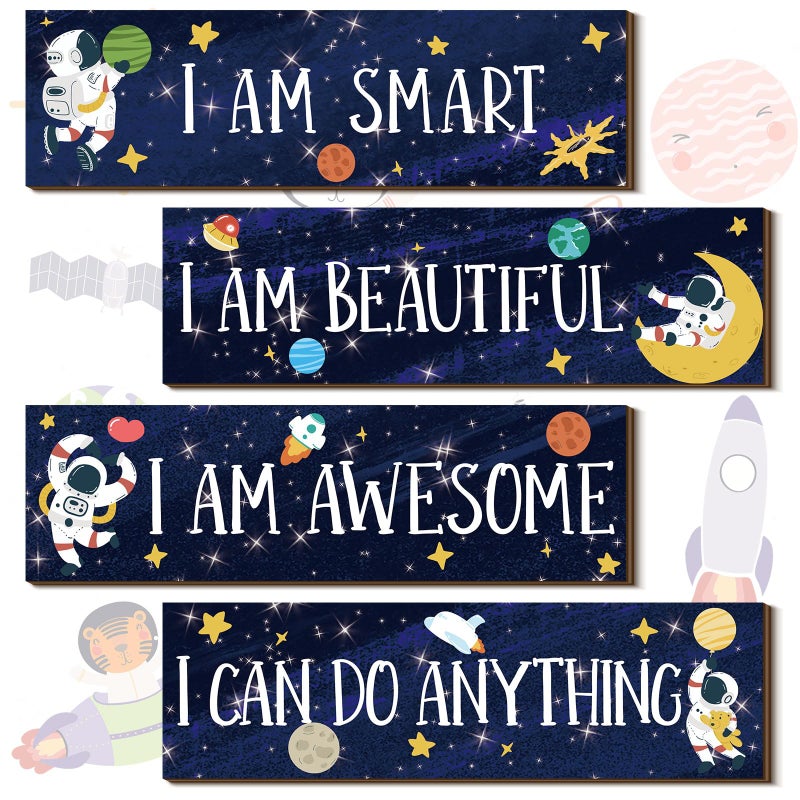 Yookeer 4 Pcs Space Room Decor for Kids Boys Outer Space Wall Art Bedroom Decor for Nursery Classroom Astronaut Galaxy Posters Spaceman Wood Sign Be Brave and Be Kind for Baby BoyI