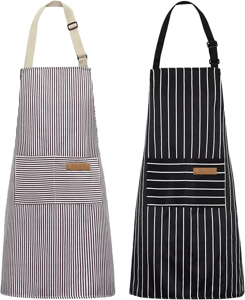 NLUS 2 Pack Kitchen Cooking Aprons, Adjustable Bib Soft Chef Apron with 2 Pockets for Men Women(Black/Brown Stripes) - Image 1