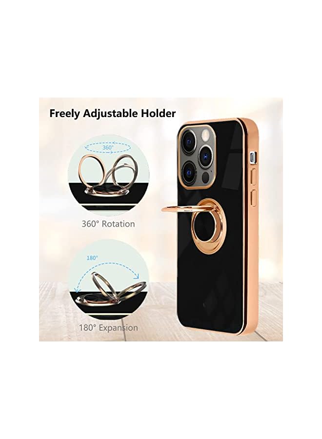YoYoTech Luxury Silicone iPhone 14 Pro 6.1-Inch (2022) Soft TPU Shockproof 360 Degree Ring Holder Kickstand Slim Plated Phone Case Cover-Black - Image 3