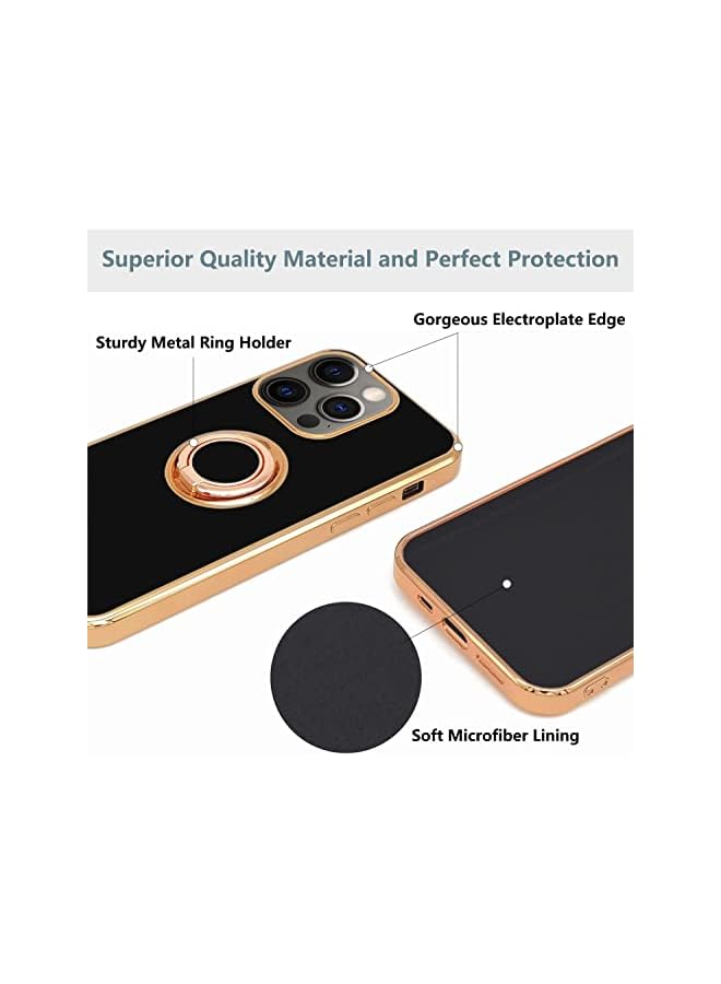 YoYoTech Luxury Silicone iPhone 14 Pro 6.1-Inch (2022) Soft TPU Shockproof 360 Degree Ring Holder Kickstand Slim Plated Phone Case Cover-Black - Image 4