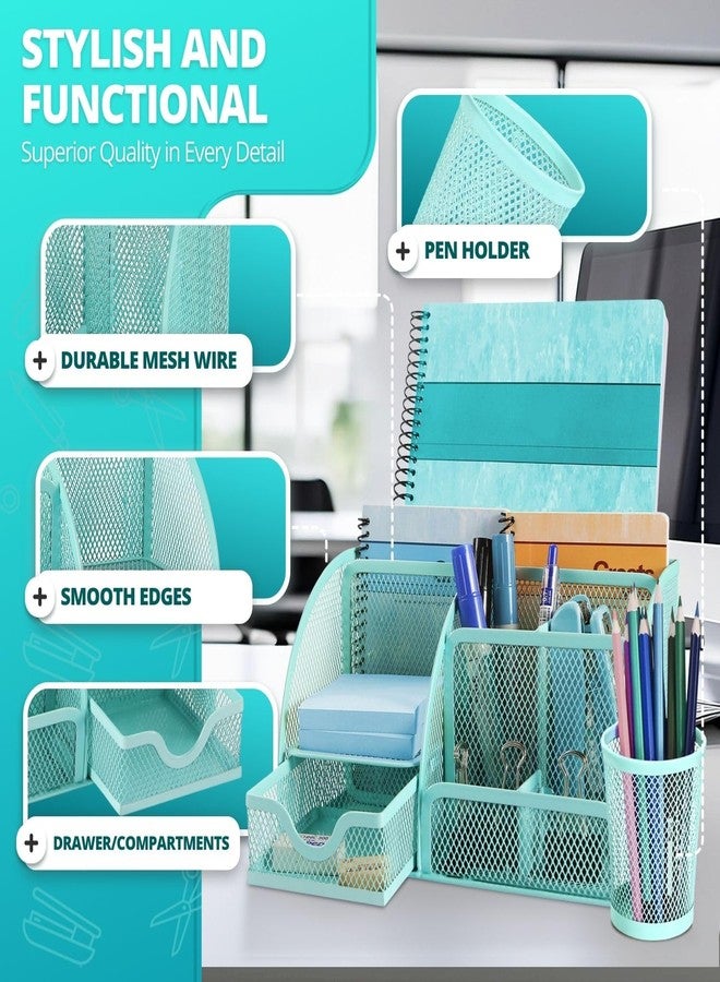 فليكسزيون منظم مكتب فليكسزيون، مصنوع من شبكة معدنية خضراء، منظم لوازم مكتبية، طقم ملحقات مكتبية للنساء والرجال والطلاب، 6 أقسام مع درج وحامل أقلام، منظم مكتب للعمل - Image 4