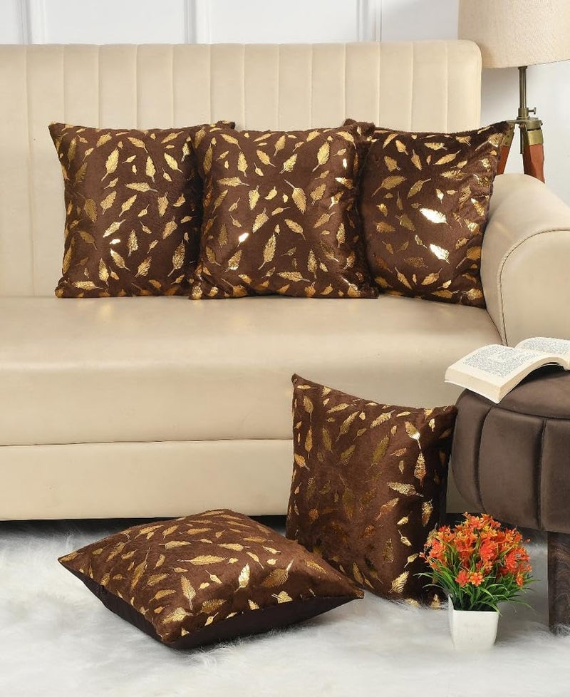 HOMECROWN 16x16 Inch Velvet Cushion Covers Set of 5 – Soft Faux Fur Decorative Pillow Covers with Golden Feather Print for Sofa, Couch, Bed & Living Room (Brown) - Image 1
