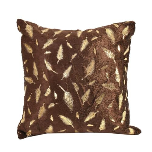 HOMECROWN 16x16 Inch Velvet Cushion Covers Set of 5 – Soft Faux Fur Decorative Pillow Covers with Golden Feather Print for Sofa, Couch, Bed & Living Room (Brown) - Image 2