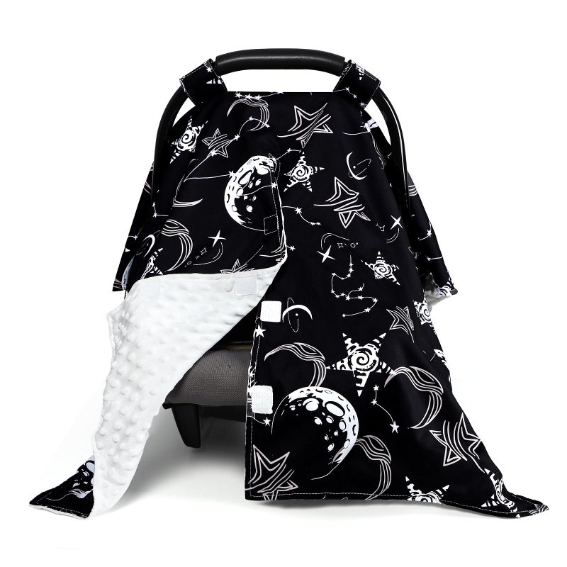 GFU Baby Car Seat Cover Soft Minky Warm Winter Car Seat Canopy for Infants Toddlers Opening with Adjustable Strap Breathable Nursing Cover Stroller Blanket Black Starry Sky Fits Most Car Seats - Image 2