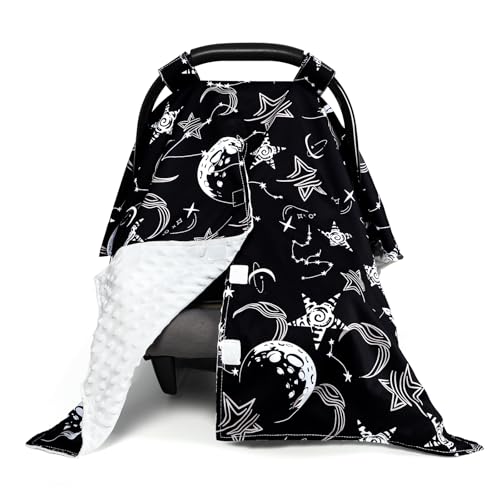 GFU Baby Car Seat Cover Soft Minky Warm Winter Car Seat Canopy for Infants Toddlers Opening with Adjustable Strap Breathable Nursing Cover Stroller Blanket Black Starry Sky Fits Most Car Seats - Image 1