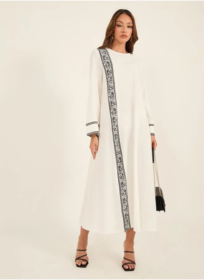 KL Textured Floral Printed Panel Round Neck Jalabiya by Styli