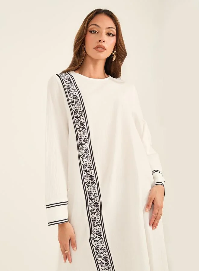 Take Two Take Two Textured Floral Printed Panel Round Neck Jalabiya