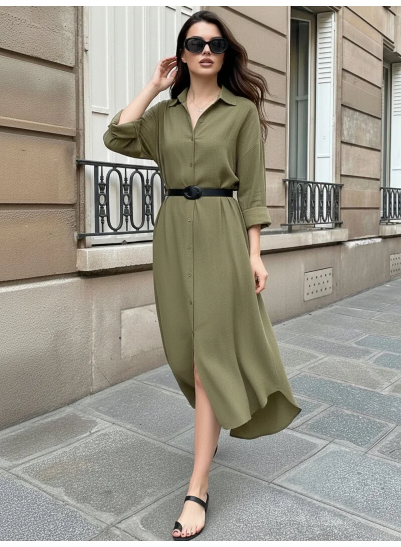 OUTZIDR Olive Longline Button Down Shirt Dress