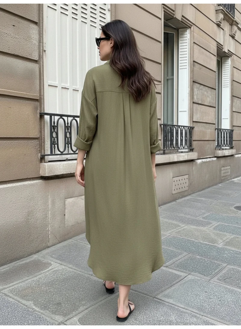Outzidr Green Olive Longline Button Down Shirt Dress for Women | Best Price UAE