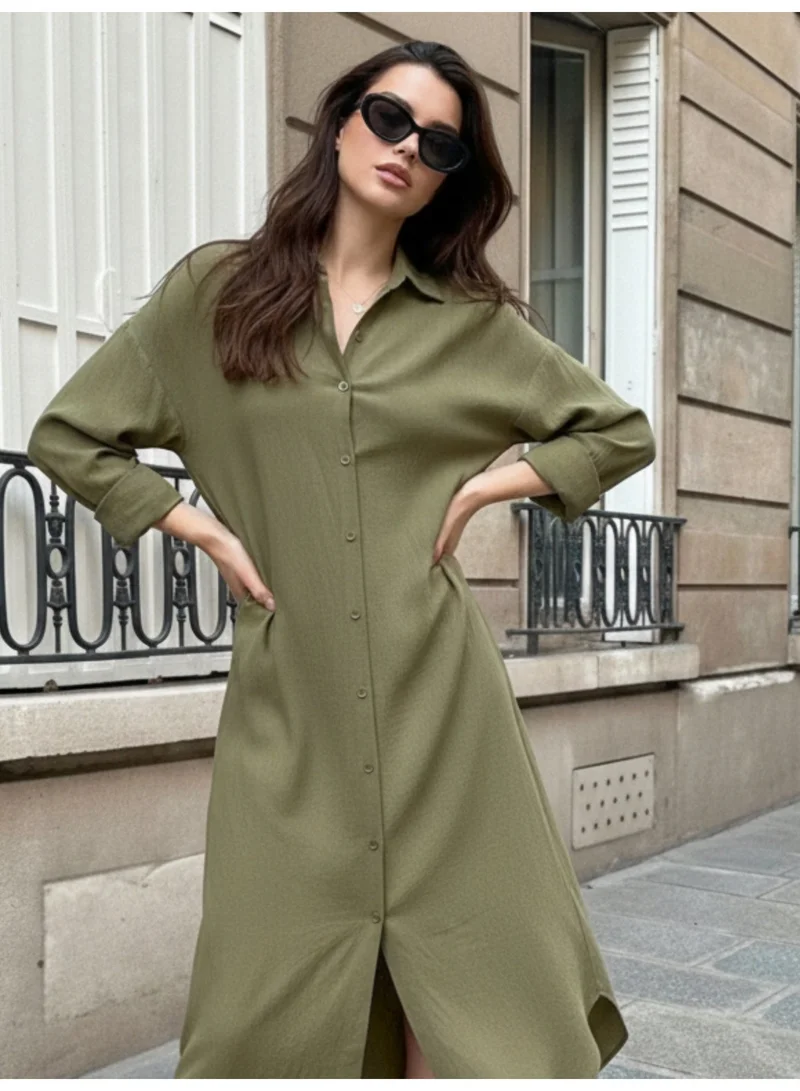 OUTZIDR Olive Longline Button Down Shirt Dress